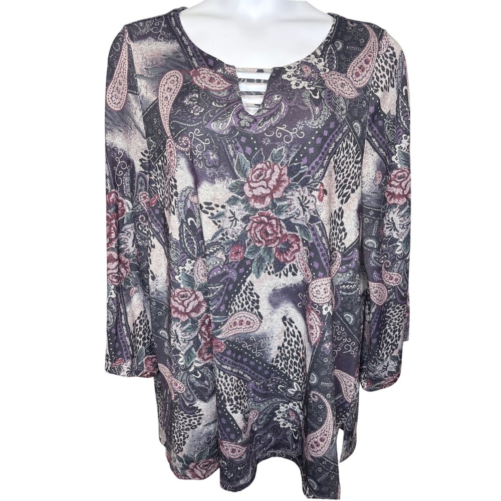 Artsy Womens Purple Paisley Floral Patchwork Tunic Top 18/20 Flowy Avenue Boho